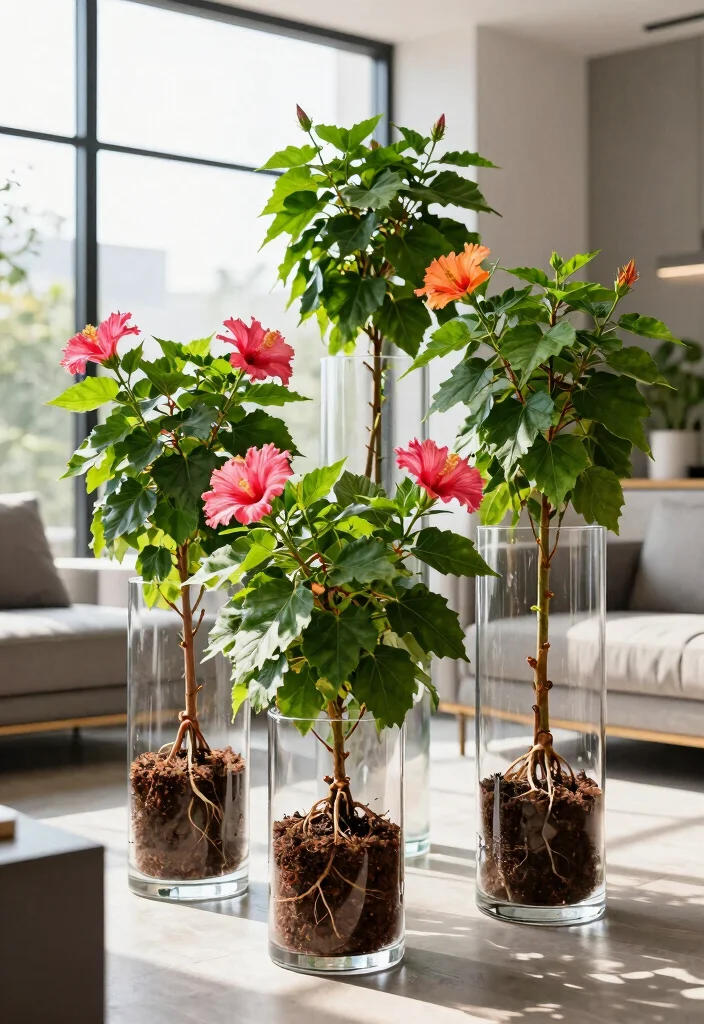 17 Hibiscus Planter Ideas With Tropical Beauty - 10. Chic Glass Planters 1