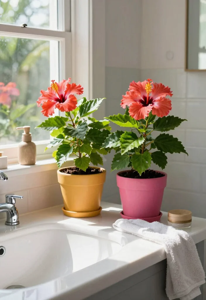 17 Hibiscus Planter Ideas With Tropical Beauty - 11. Cozy Bathroom Hibiscus 1
