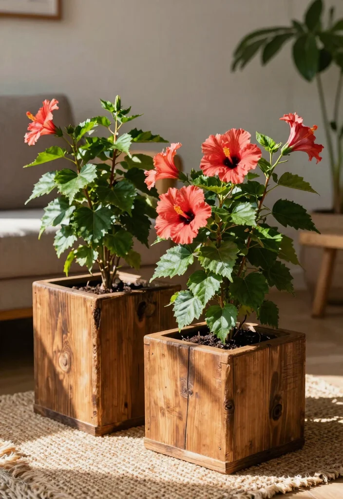 17 Hibiscus Planter Ideas With Tropical Beauty - 2. Rustic Wooden Charm 1