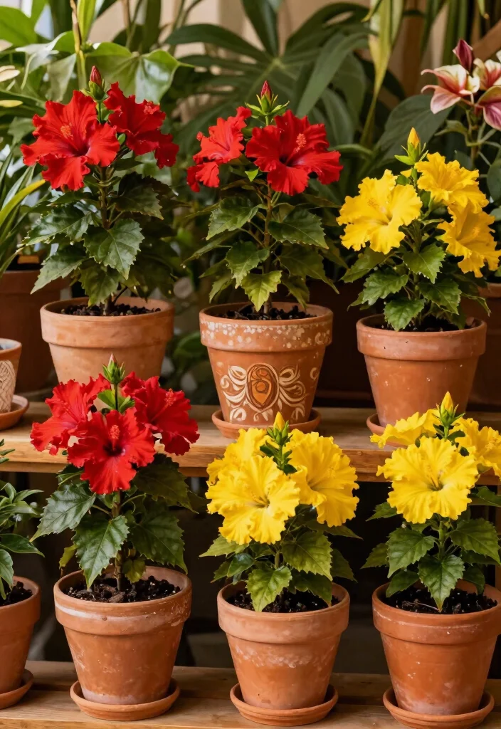 17 Hibiscus Planter Ideas With Tropical Beauty - 4. Colorful Terracotta Wonders 1