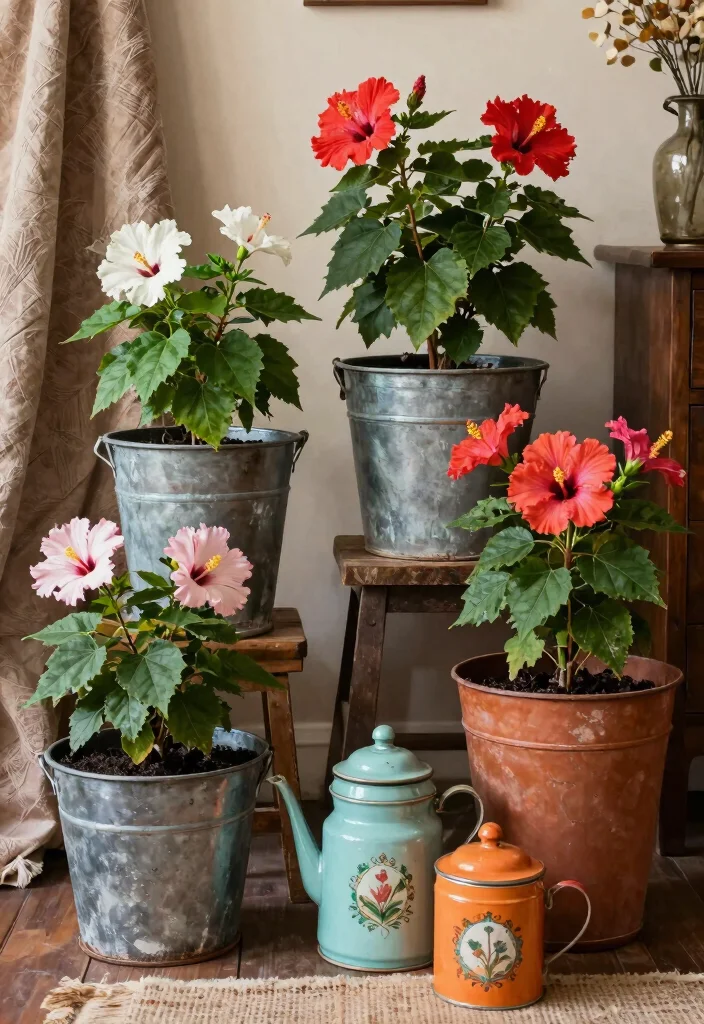 17 Hibiscus Planter Ideas With Tropical Beauty - 7. Stylish Vintage Containers 1