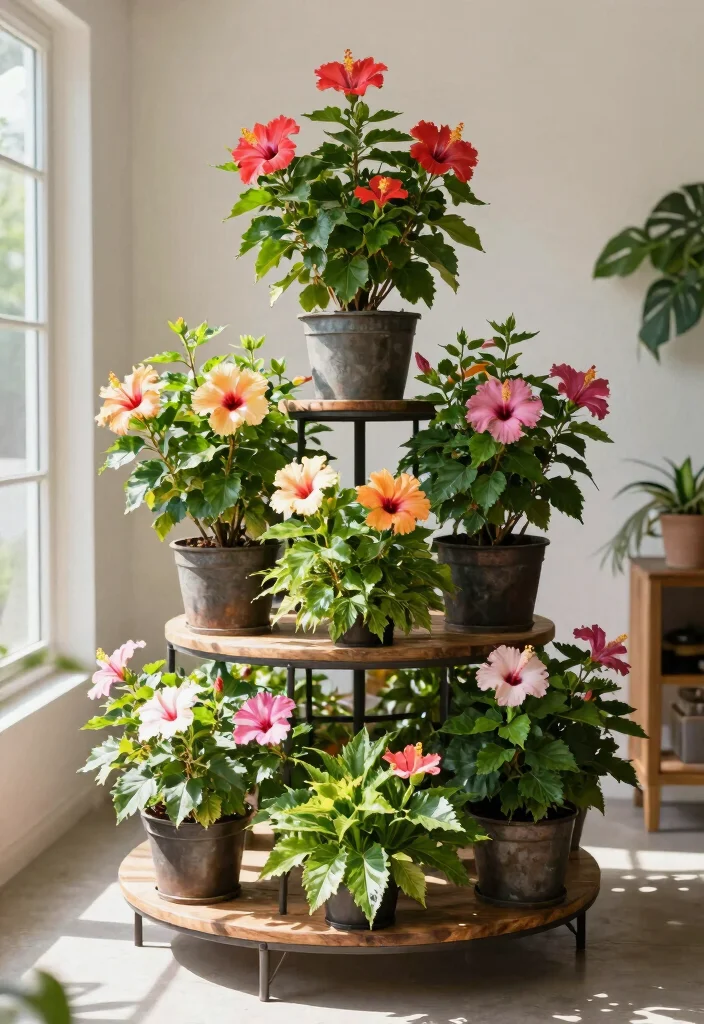 17 Hibiscus Planter Ideas With Tropical Beauty - 9. Playful Tiered Stands 1