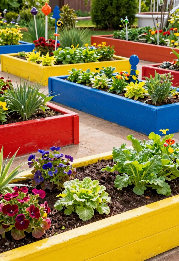 17 Outdoor Elevated Garden Beds Ideas With Smart Layouts - 11. Colorful Painted Raised Beds 1