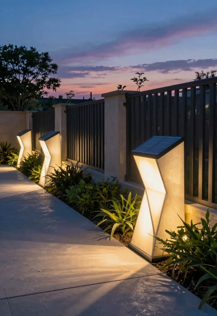 17 Outdoor Fence Lighting Ideas That Glow Beautifully - 9. Modern Geometric Solar Lights 1