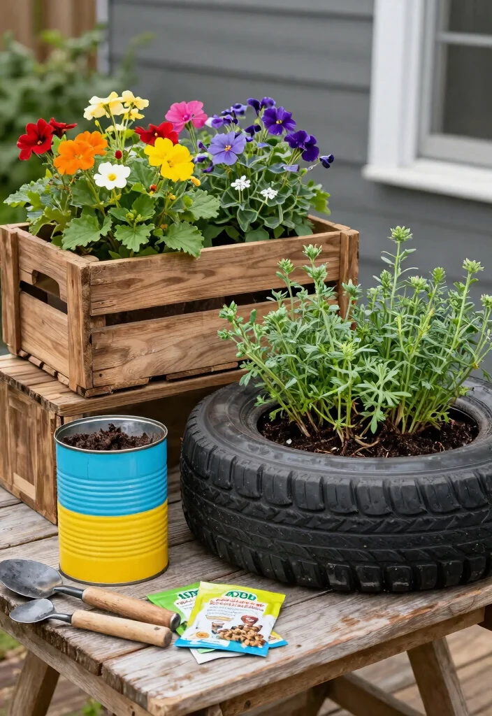 17 Patio Decor Ideas That Create a Cozy Outdoor Space - 1. Upcycled Planters for a Green Touch 1