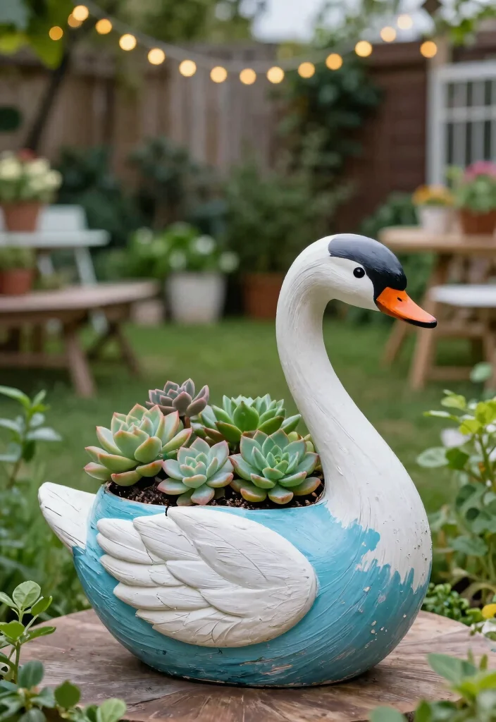 17 Swan Planter Ideas With Whimsical Touch - 11. Upcycled Swan Planters 1