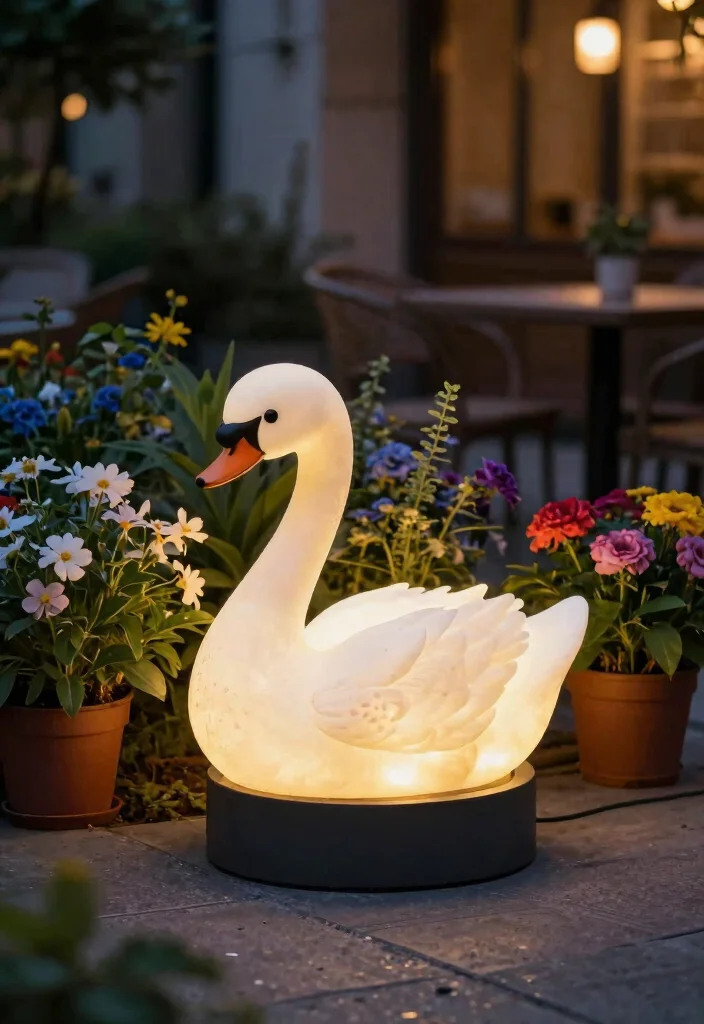 17 Swan Planter Ideas With Whimsical Touch - 12. Light-Up Swan Planters 1