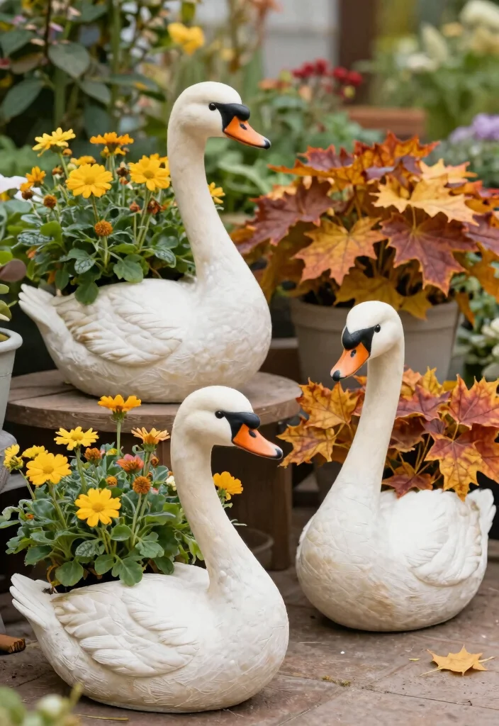 17 Swan Planter Ideas With Whimsical Touch - 15. Seasonal Themed Swan Planters 1
