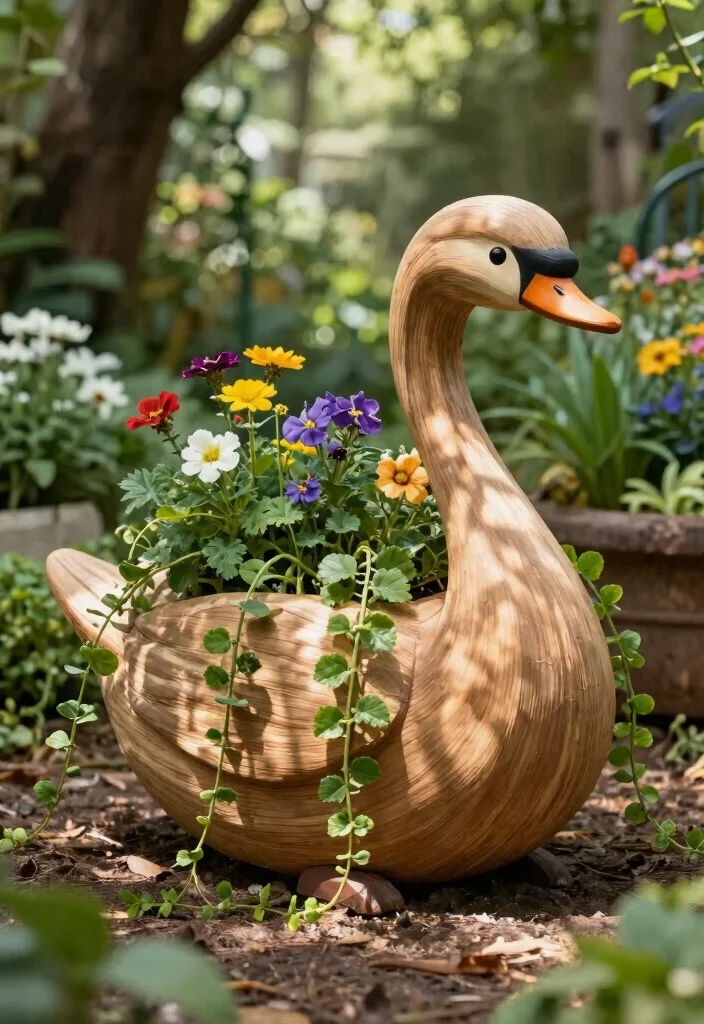 17 Swan Planter Ideas With Whimsical Touch - 2. Whimsical Wooden Swan Planter 1