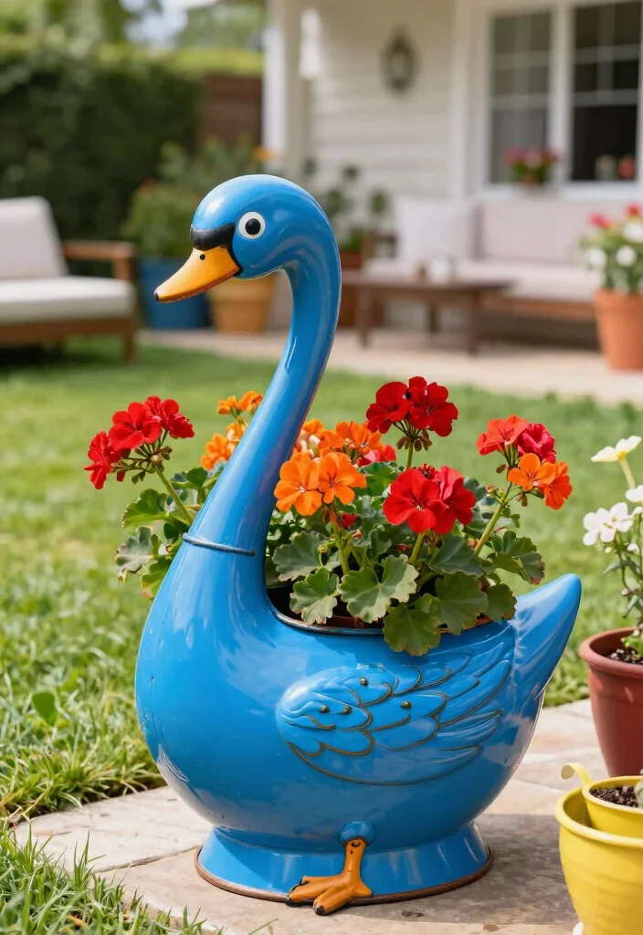 17 Swan Planter Ideas With Whimsical Touch - 3. Quirky Painted Metal Swan Planter 1