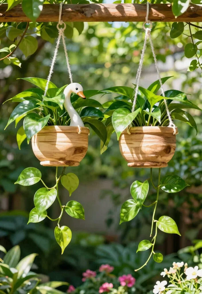 17 Swan Planter Ideas With Whimsical Touch - 6. Hanging Swan Planters 1
