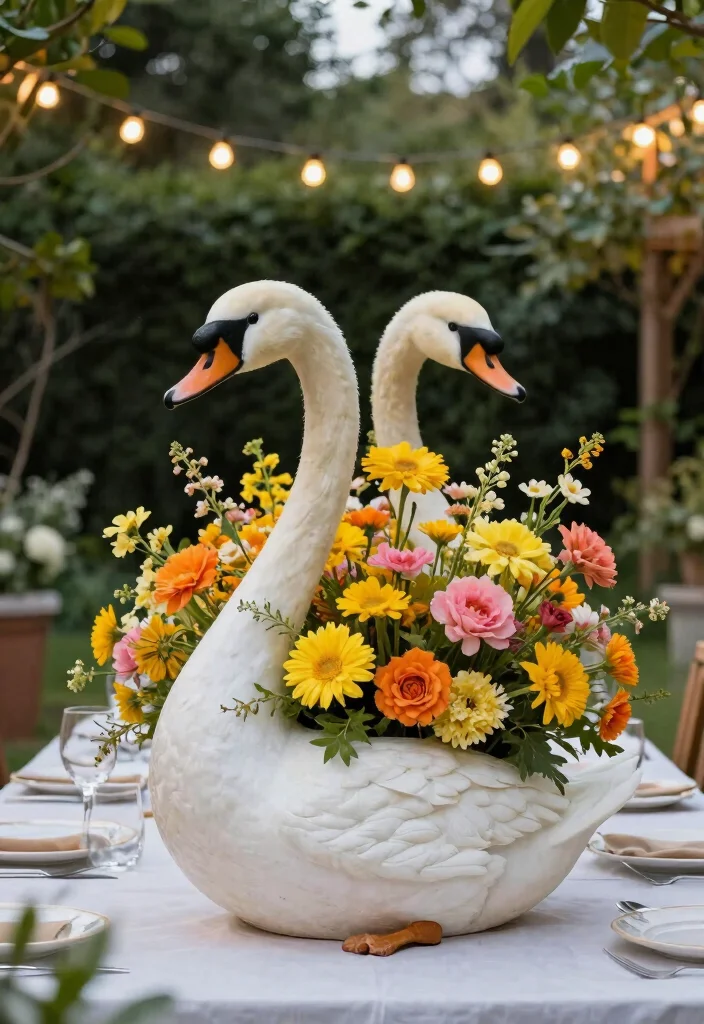 17 Swan Planter Ideas With Whimsical Touch - 7. Swan Planters as Centerpieces 1