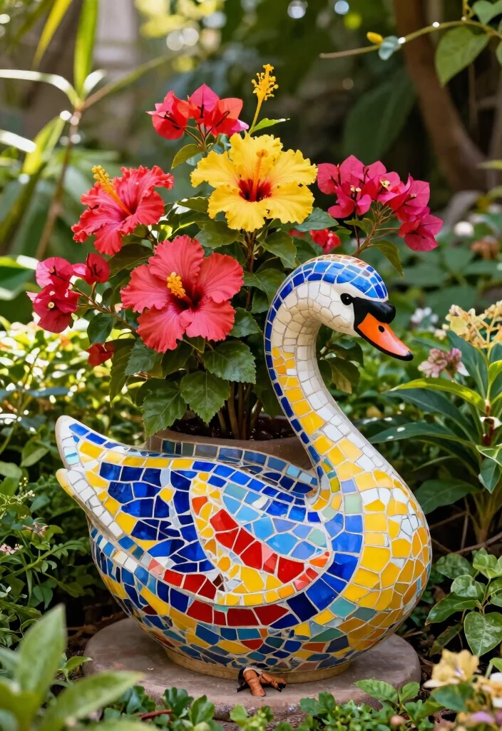 17 Swan Planter Ideas With Whimsical Touch - 9. Colorful Mosaic Swan Planters 1