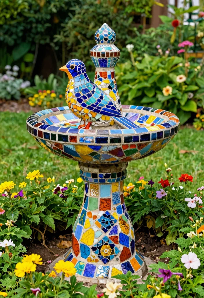 18 Bird Bath Planter Ideas With Unique Garden Charm - 10. Colorful Mosaic Bird Bath Planter 1