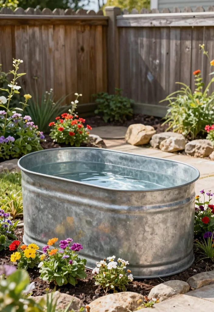 18 Bird Bath Planter Ideas With Unique Garden Charm - 12. Industrial Metal Tub Bird Bath Planter 1