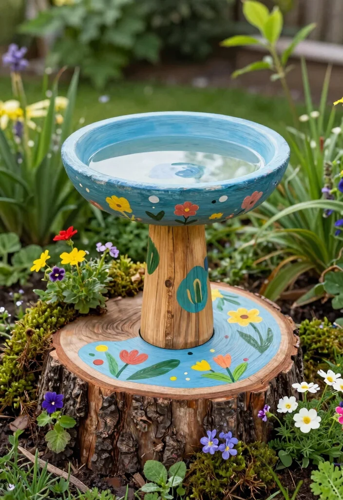 18 Bird Bath Planter Ideas With Unique Garden Charm - 14. DIY Painted Wood Slice Bird Bath Planter 1