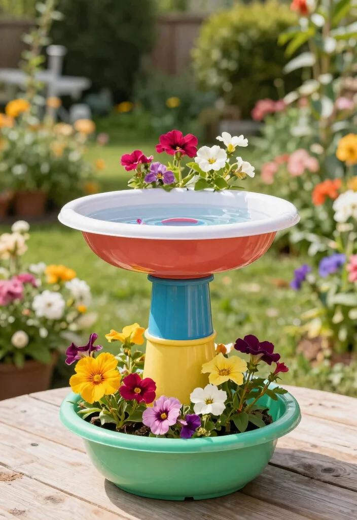 18 Bird Bath Planter Ideas With Unique Garden Charm - 15. Recycled Plastic Bird Bath Planter 1