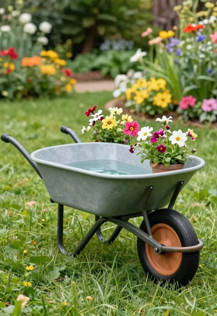 18 Bird Bath Planter Ideas With Unique Garden Charm - 17. Creative Wheelbarrow Bird Bath Planter 1