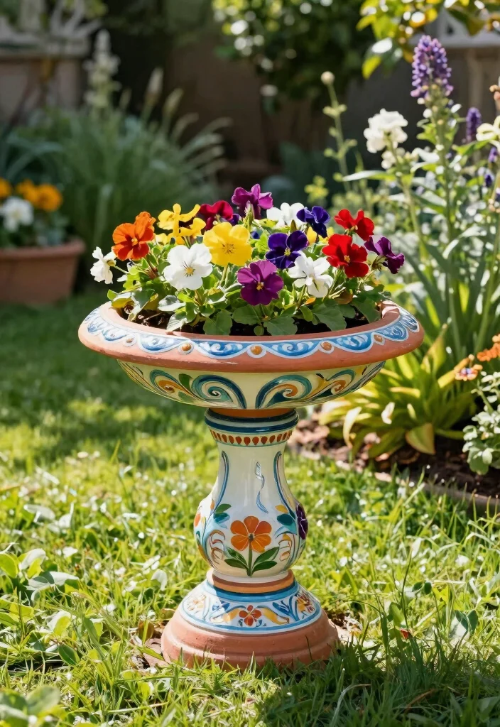 18 Bird Bath Planter Ideas With Unique Garden Charm - 6. Painted Terracotta Bird Bath Planter 1