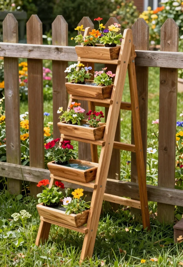 18 Bird Bath Planter Ideas With Unique Garden Charm - 8. Upcycled Wooden Ladder Bird Bath Planter 1