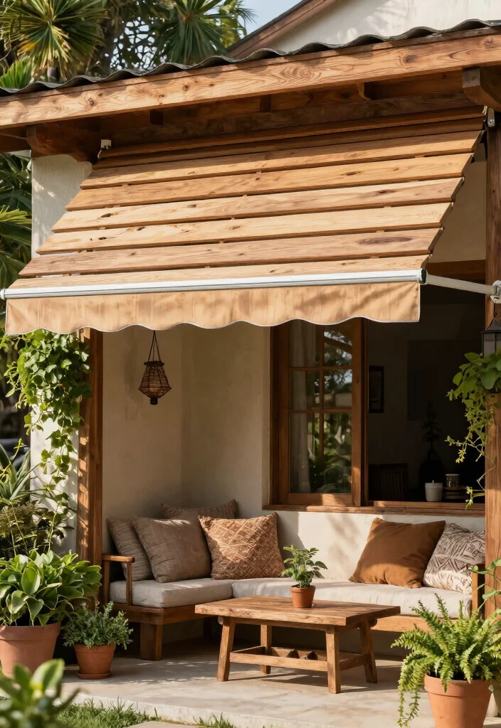18 Front Porch Awning Ideas That Add Shade & Style - 1. Wooden Slatted Awning 1