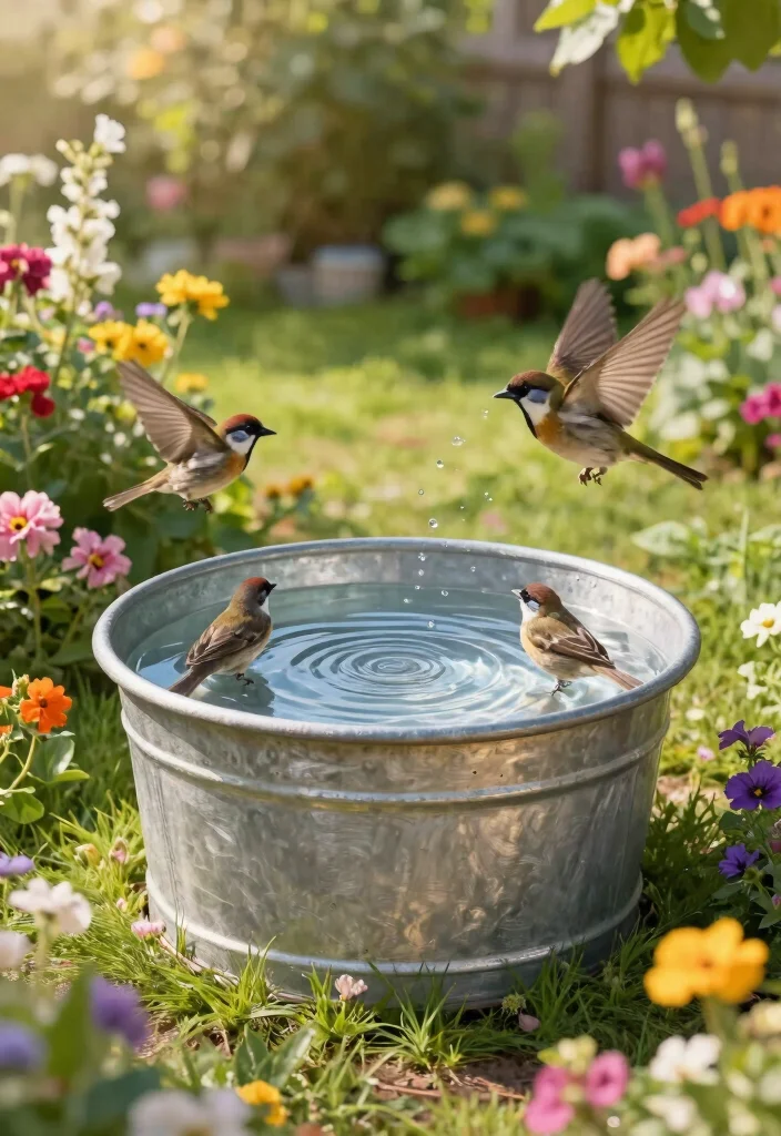 18 Galvanized Tub Planter Ideas With Vintage Farmhouse Style - 13. Charming Bird Bath 1