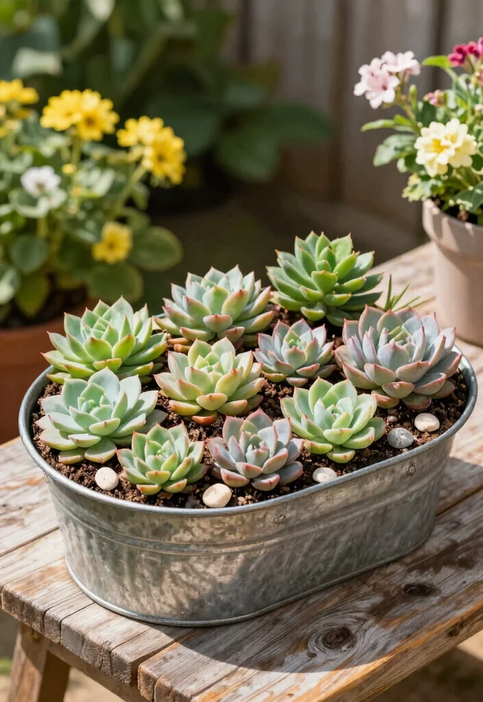 18 Galvanized Tub Planter Ideas With Vintage Farmhouse Style - 6. Succulent Haven 1