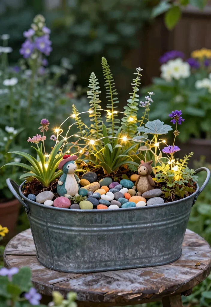 18 Galvanized Tub Planter Ideas With Vintage Farmhouse Style - 7. Twinkling Fairy Garden 1