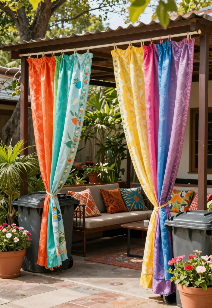 18 Garbage Can Storage Outdoor Ideas That Hide the Mess - 10. Colorful Outdoor Curtains 1