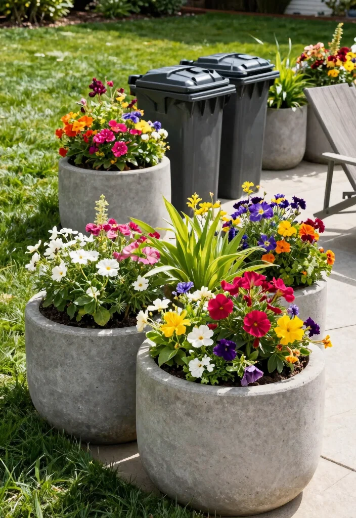 18 Garbage Can Storage Outdoor Ideas That Hide the Mess - 11. Concrete Planters as Barriers 1