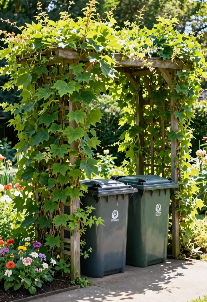 18 Garbage Can Storage Outdoor Ideas That Hide the Mess - 12. Garden Trellis with Climbing Plants 1