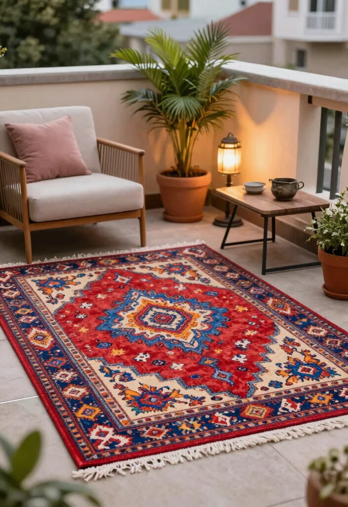 18 Large Balcony Decor Ideas That Transform Your Space - 7. Outdoor Rugs 1