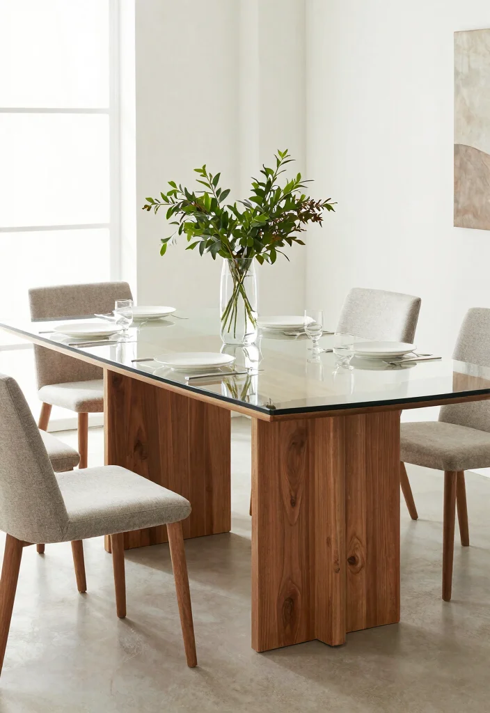 18 Modern Farmhouse Dining Table Ideas With Timeless Style - 3. Contemporary Glass and Wood Fusion 1