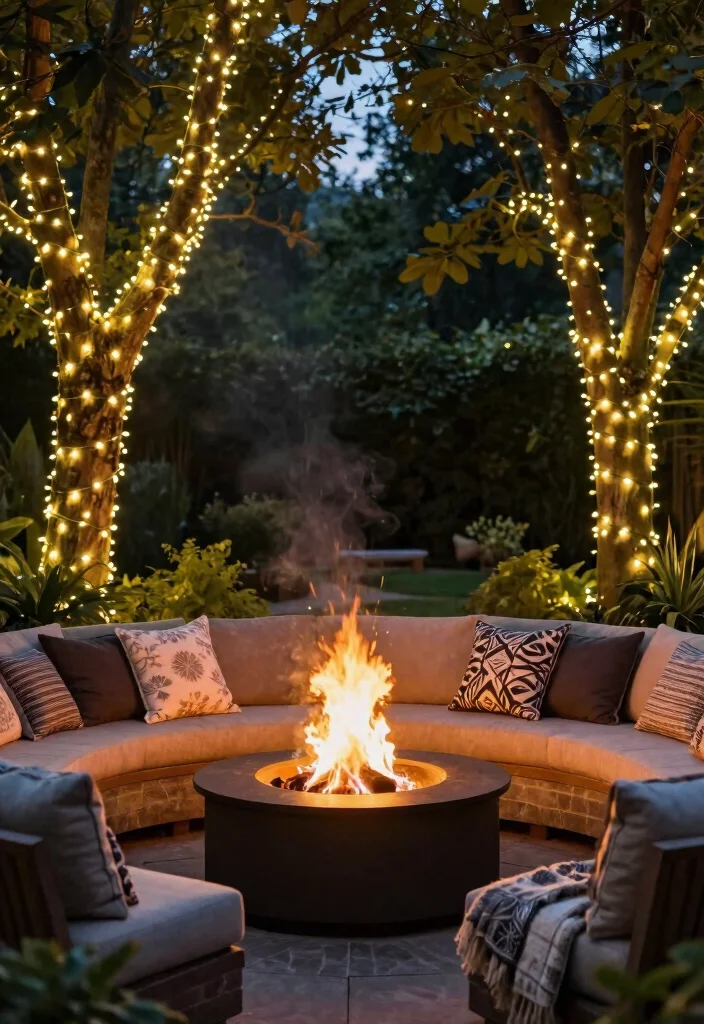 18 Outdoor Fire Pit Area Ideas That Feel Like a Retreat - 14. Fire Pit Surrounded by Fairy Lights 1
