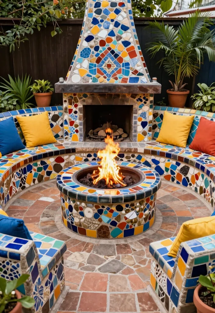 18 Outdoor Fire Pit Area Ideas That Feel Like a Retreat - 8. Fire Pit with Mosaic Seating 1