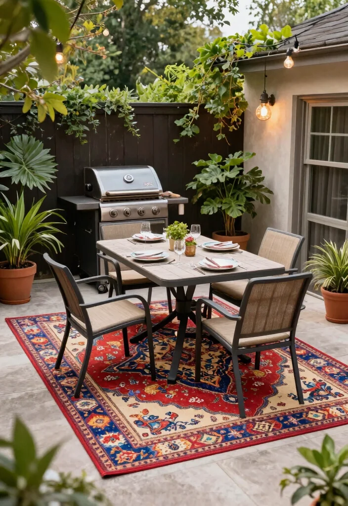 18 Patio BBQ Area Ideas That Are Perfect for Entertaining - 5. Stylish Outdoor Rugs 1