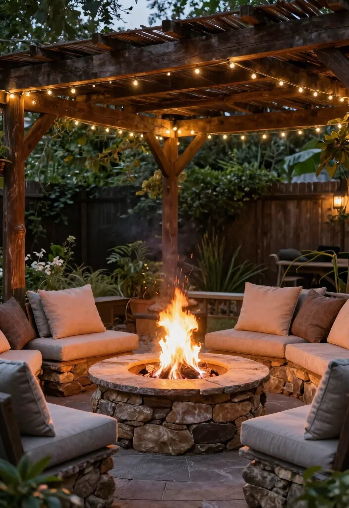 18 Pergola Patio Attached to House Ideas With Seamless Design - 10. Rustic Fire Pit Pergola 1
