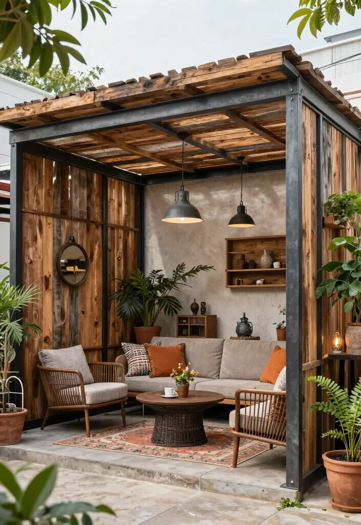18 Pergola Patio Attached to House Ideas With Seamless Design - 15. Vintage Industrial Style 1