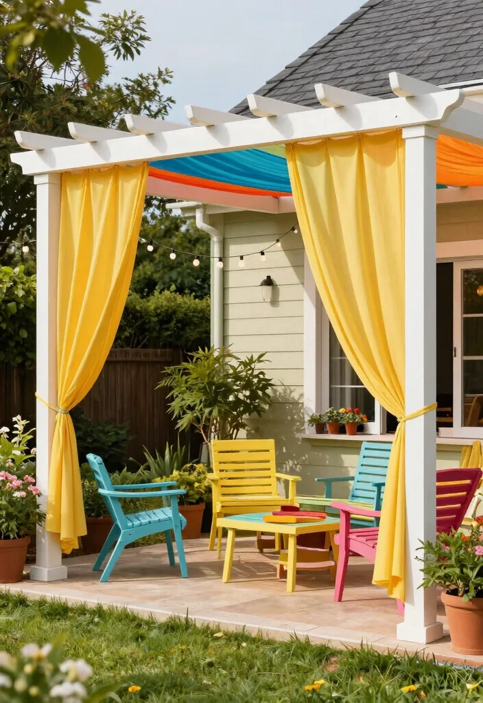 18 Pergola Patio Attached to House Ideas With Seamless Design - 4. Colorful Canopy Pergola 1