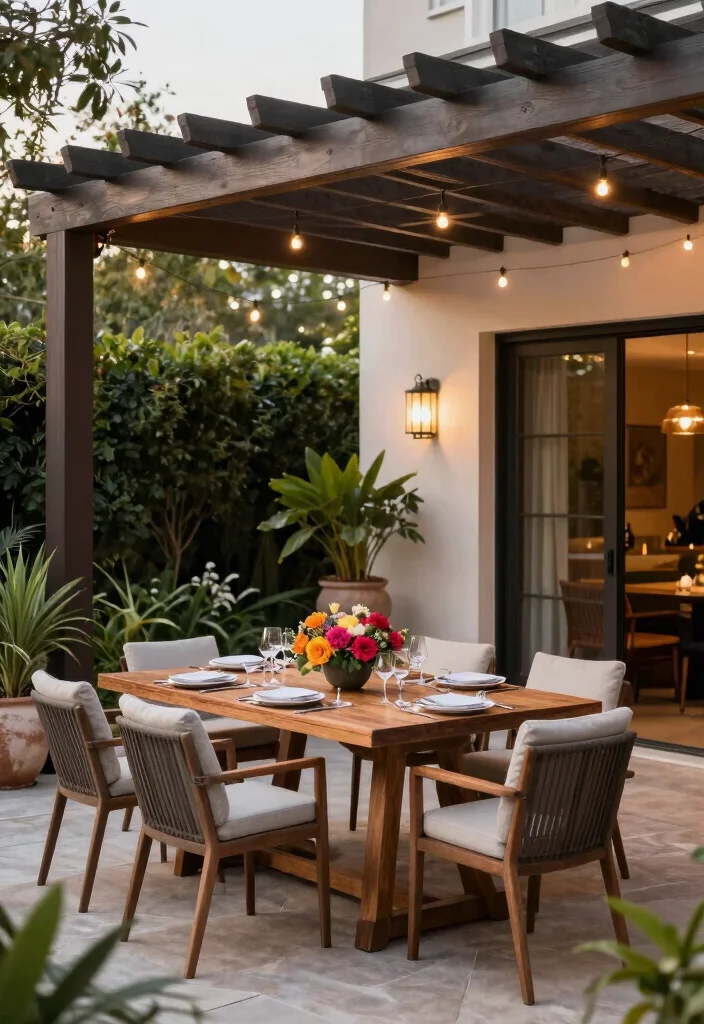 18 Pergola Patio Attached to House Ideas With Seamless Design - 5. Chic Outdoor Dining Area 1