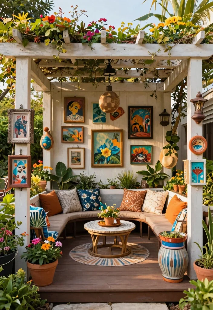 18 Pergola on Deck Ideas That Upgrade Your Space - 12. Customized Pergola with Artwork 1