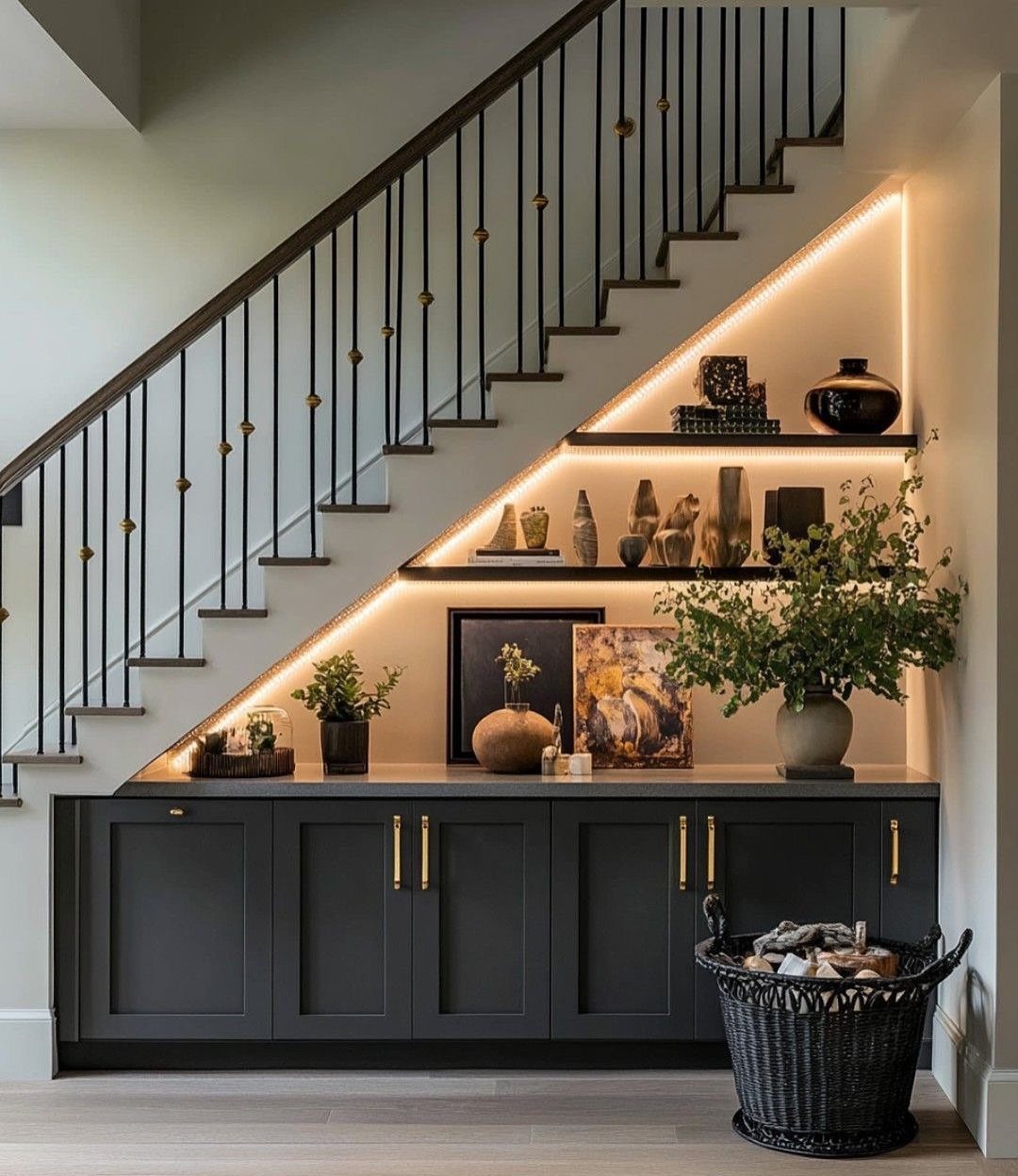 Built-in dark grey cabinets and illuminated floating shelves installed underneath a modern staircase.