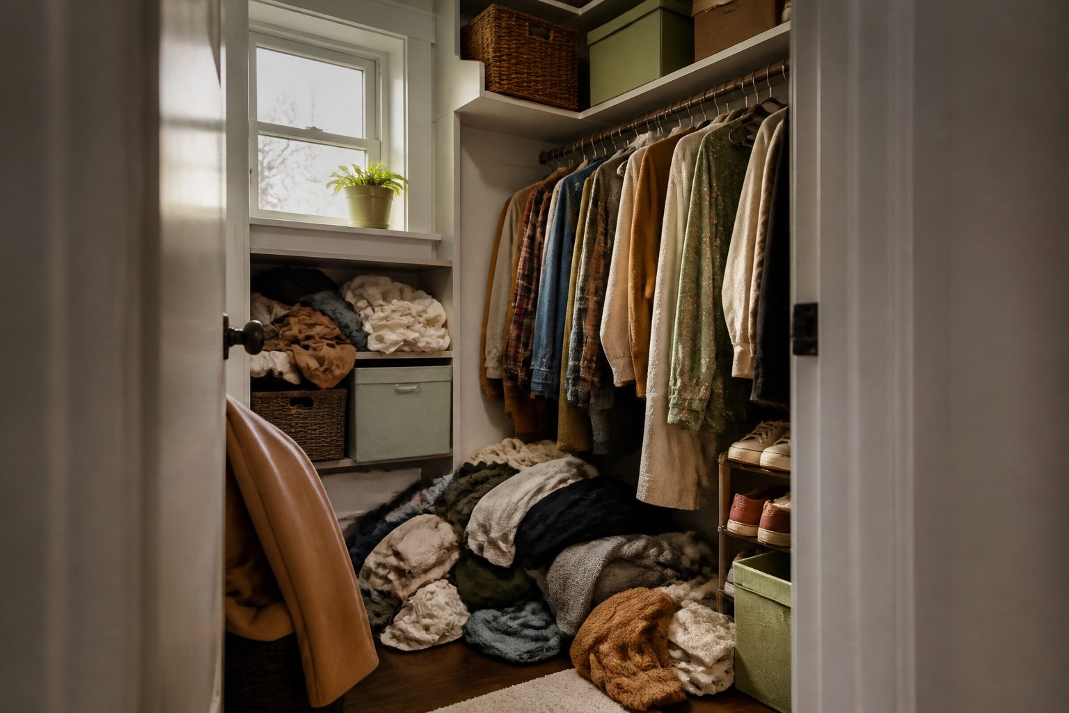 A cramped closet filled with overflowing clothes and dim lighting.