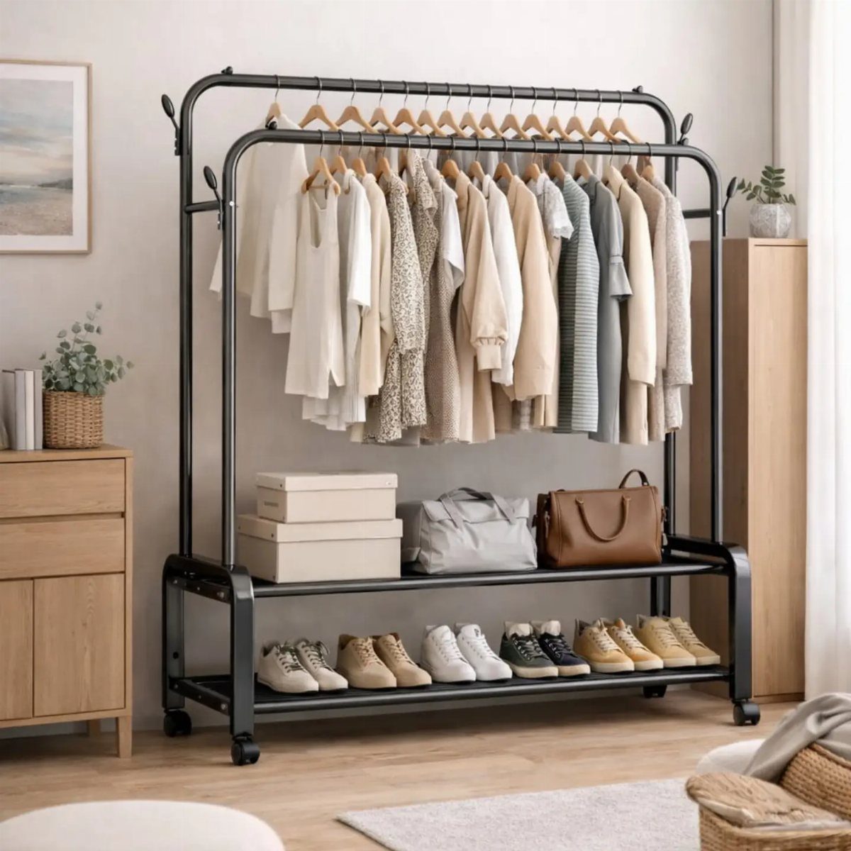 Black metal freestanding clothing rack holding various light-colored garments and shoes on lower shelves.