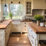 A bright farmhouse kitchen with cream cabinets, wooden countertops, and a large window overlooking trees.