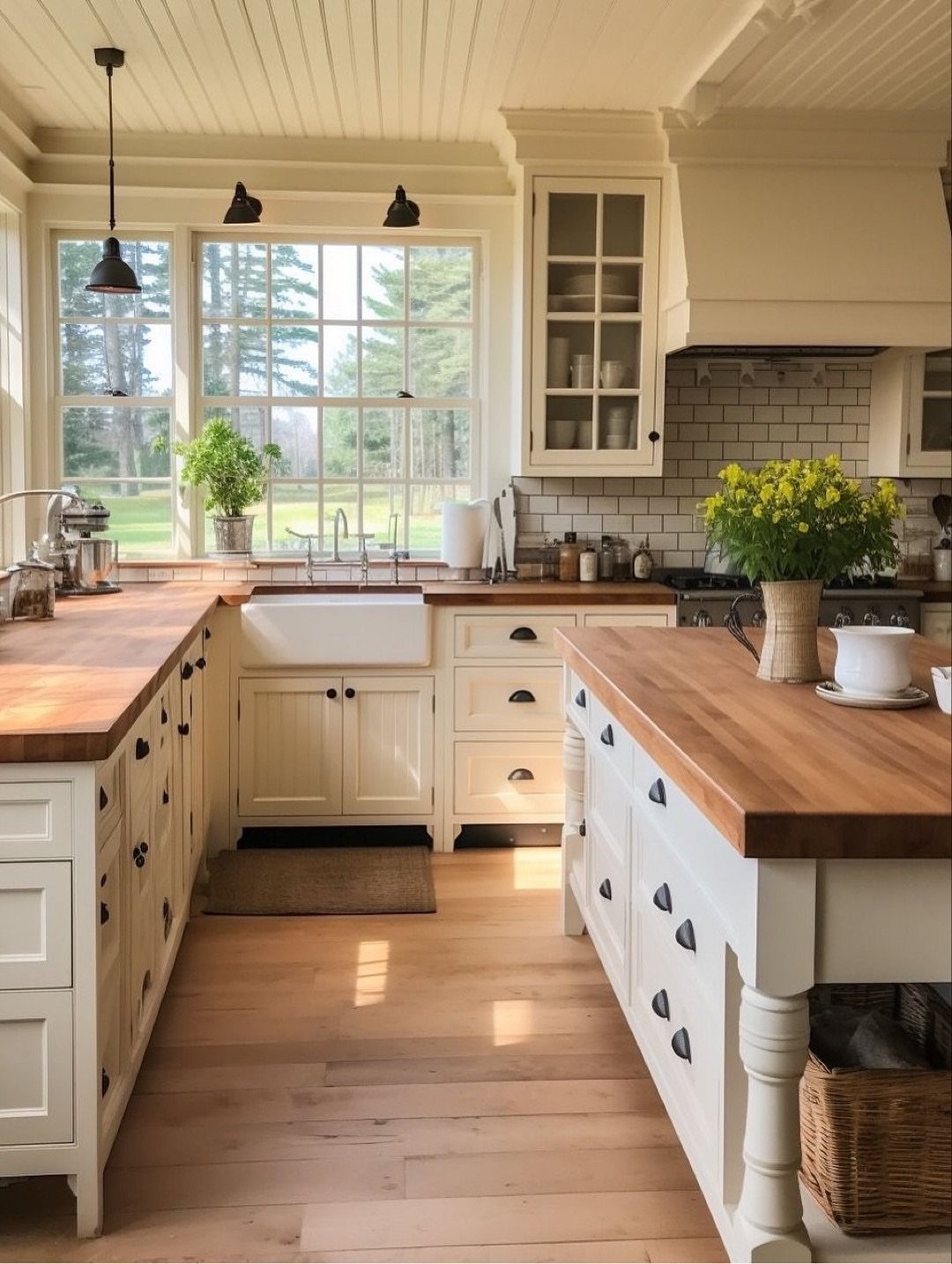 A bright farmhouse kitchen with cream cabinets, wooden countertops, and a large window overlooking trees.