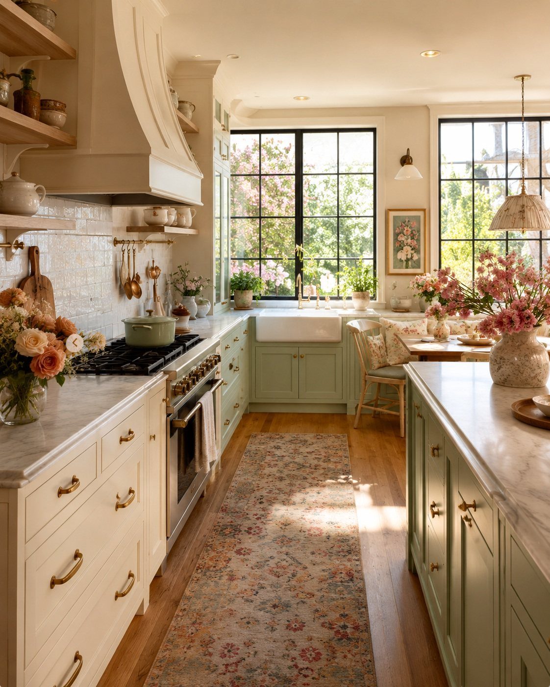 Sage green kitchen cabinets with marble countertops and a farmhouse sink in a bright room.