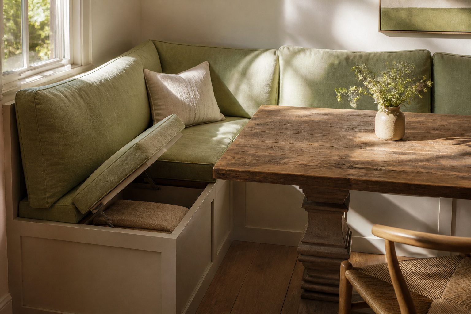 A view of different corner banquette styles in a kitchen nook.