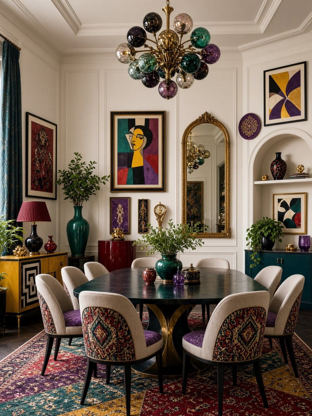 Eclectic dining room with colorful bubble chandelier, patterned chairs, and diverse abstract wall art.