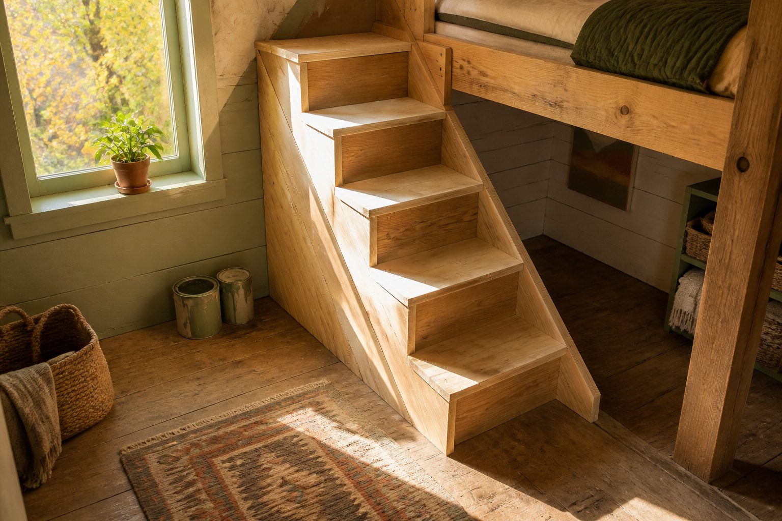 Different designs of DIY bunk bed stairs laid out for building.